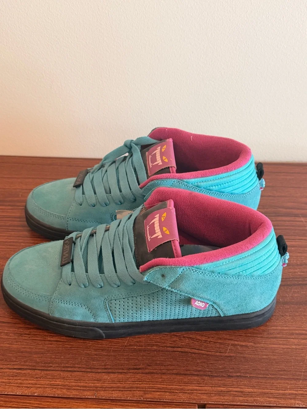 2009 never released Adio x Mishka Teal and Pink High-Top Suede Sneakers